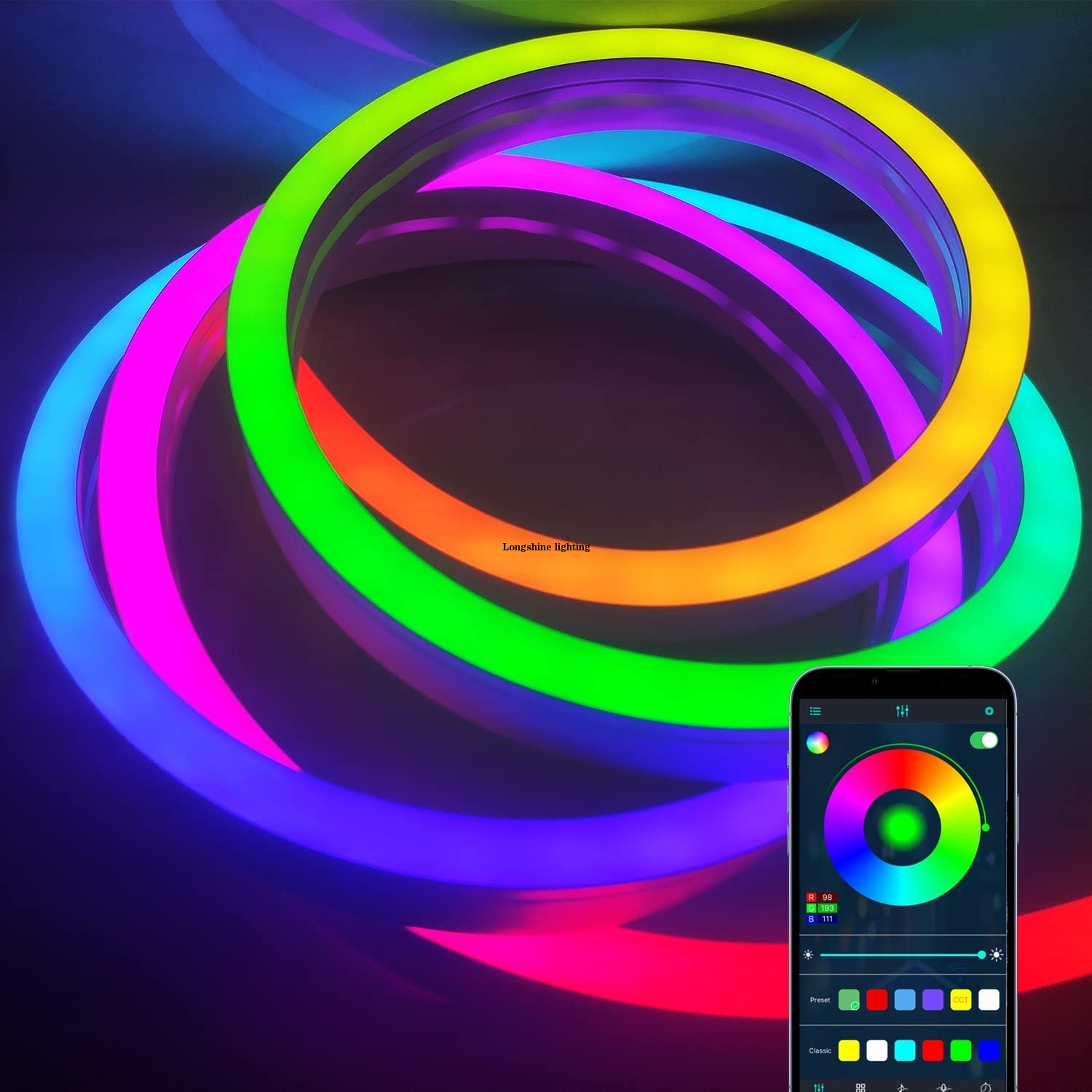 LED Neon Light Strip Dream Color RGB Changing Silicone Music Sound Sync Bluetooth Flexible LED Neon Rope Lights with Dimmable Remote Control USB DC 5V IP65 Waterproof Multicolor (2M/6.56FT)